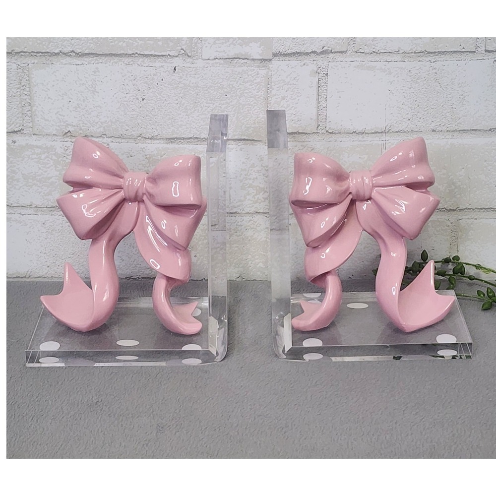 Pink Bow Bookends Coquette Bookend Acrylic Resin Girly Office Nursery 2 Pc Clear